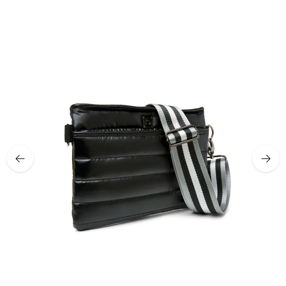 Black Quilted Crossbody Bag with Striped Strap